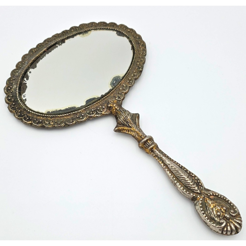 Antique Double Sided Hand Mirror Silver Plated Brass Ornate Vanity Mirror 1900s